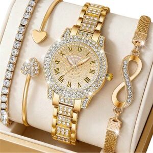 Women's Luxury Watch Set with 3 Matching Bracelets – Gold with Crystals jewelry